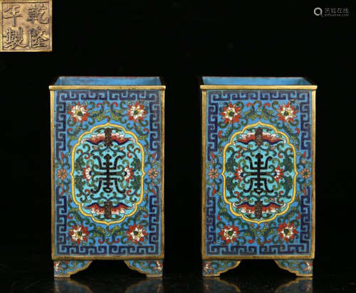 QIANLONGNIANZHI MARK CLOISONNE BRUSH POT PAIR