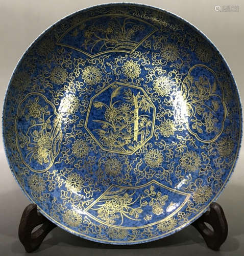 BLUE&GOLD GLAZE PLATE WITH FLOWER PATTERN