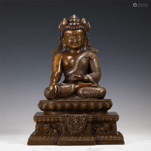 BRONZE INLAID SILVER FIGURE STATUE ON PEDESTAL MING DYNASTY