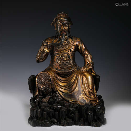 GILT BRONZE GUAN GONG SEATED STATUE MING DYNASTY