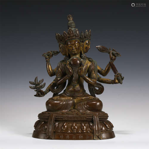 TIBETAN THREE HEADS SIX ARMS BUDDHA STATUE