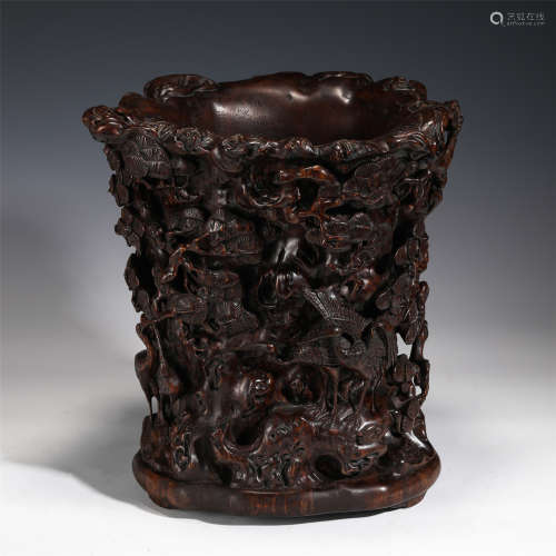 CHINESE CARVED PINE TREE AND CRANE PATTERN AGARWOOD BRUSH POT