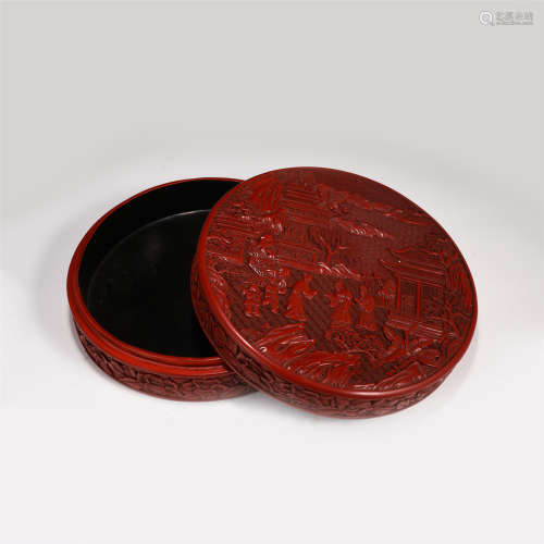 CHINESE CARVED MOUNTAINS FIGURE STORY PATTERN CINNABAR LIDDED BOX