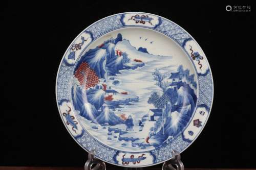 QING DYNASTY--BLUE WHITE IRON RED LANDSCAPE PLATE