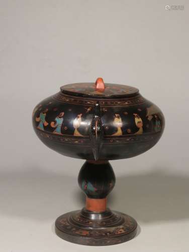 WOOD LACQUER AND PAINTED STEM FOOT CENSER WITH LID