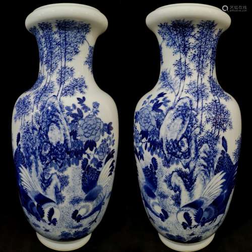 PAIR OF BLUE AND WHITE 'CHICKENS' VASES