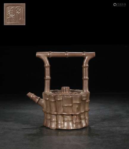 YIXING ZISHA 'BAMBOO BUNDLE' TEAPOT WITH LIFTING HANDLE