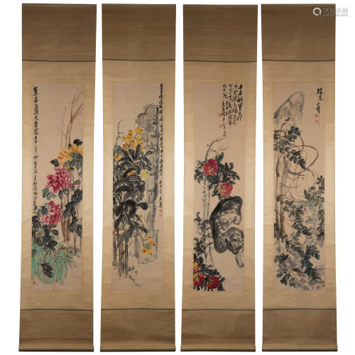 WU CHANGSHUO: SET OF FOUR INK AND COLOR ON PAPER PAINTING 'FLOWERS'