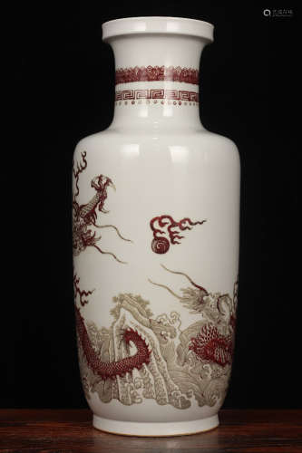 QING DYNASTY KANGXI PERIOD--IRON RED DRAGON ROULEAU VASE