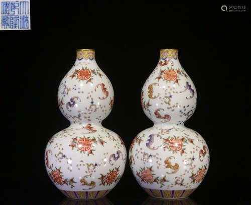 PAIR OF FAMILLE ROSE 'LONGEVITY' DOUBLE GOURD VASES