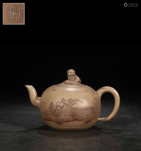 YIXING ZISHA GLOBULAR 'LANDSCAPE SCENERY' TEAPOT