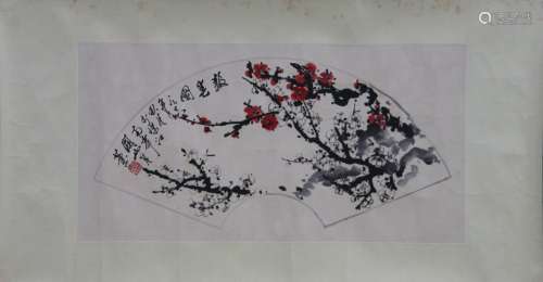 GUAN SHANYUE: INK AND COLOR ON FAN LEAF PAINTING 'PLUM FLOWERS'