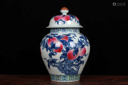 QING DYNASTY QIANLONG PERIOD--BLUE WHITE DOUCAI LONGEVITY PEACHES GENERAL JAR