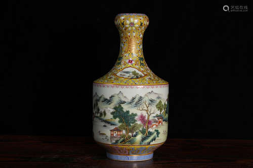 QING DYNASTY QIANLONG PERIOD--FAMILLE ROSE YELLOW GROUND LANDSCAPE VASE