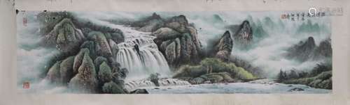 BAI XUE: INK AND COLOR ON PAPER HORIZONTAL SCROLL 'LANDSCAPE SCENERY'