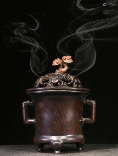 ZITAN WOOD CARVED TRIPOD CENSER WITH LID