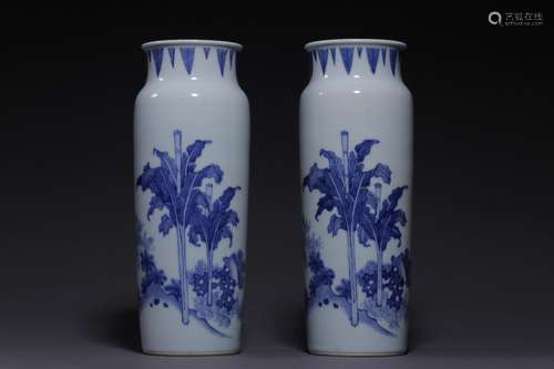 PAIR OF BLUE AND WHITE 'CHILDREN' BOTTLE VASES