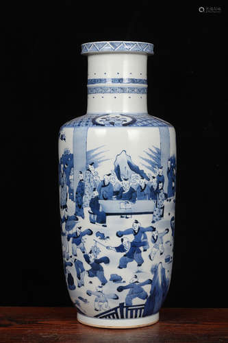 QING DYNASTY KANGXI PERIOD-BLUE WHITE A HUNDRED KIDS PLAYING ROULEAU VASE