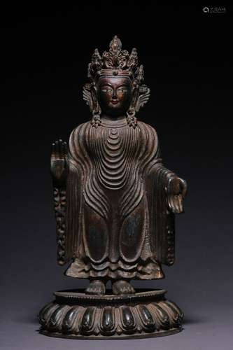 BRONZE CAST AND GILT BODHISATTVA STANDING FIGURE