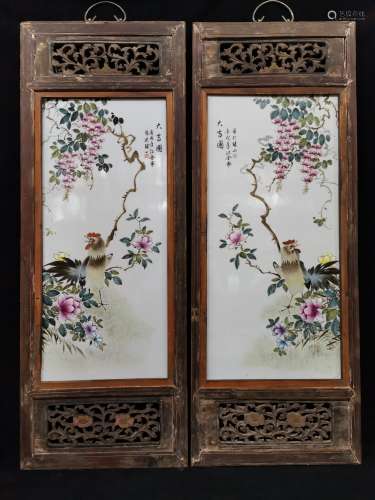PAIR OF WOOD FRAMED FAMILLE ROSE 'ROOSTER AND FLOWERS' PORCELAIN PLAQUES