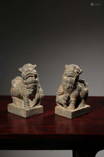 PAIR OF QING STONE CARVED 'MYTHICAL LIONS' FIGURES