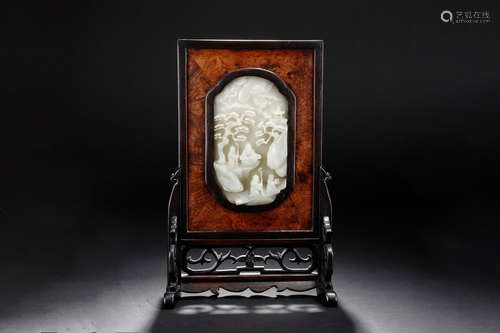 WHITE JADE INLAID WOOD TABLE SCREEN