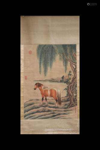 LANG SHINING: INK AND COLOR ON SILK PAINTING 'HORSE'
