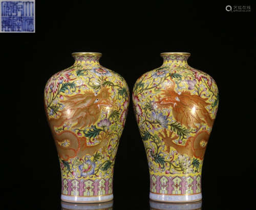 PAIR OF FAMILLE ROSE AND GILT 'DRAGONS AND FLOWERS' VASES, MEIPING