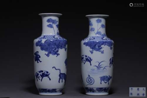 PAIR OF BLUE AND WHITE 'TWELVE ZODIACS' BOTTLE VASES