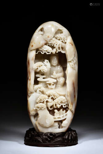 LARGE CARVED WHITE JADE GUANYIN FIGURAL GROUP