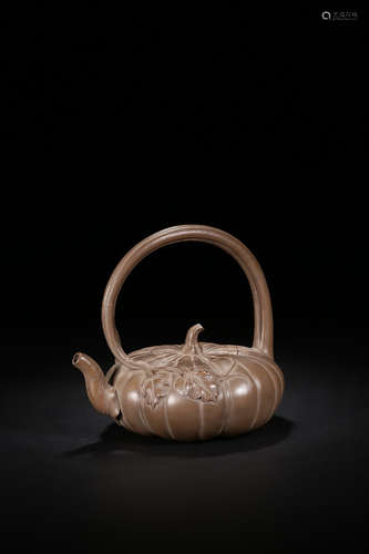 YIXING ZISHA DUAN CLAY CARVED COMPRESSED 'PUMPKIN' TEAPOT