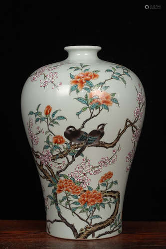 QING DYNASTY YONGZHENG PERIOD-FAMILLE ROSE BIRD FLOWER MEIPING VASE