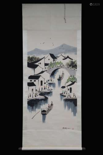 WU GUANZHONG: INK AND COLOR ON PAPER PAINTING 'LANDSCAPE SCENERY'