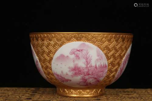 QING DYNASTY QIANLONG PERIOD--GILT ENGRAVING GROUND WITH AGATE RED LANDSCAPE BOWL