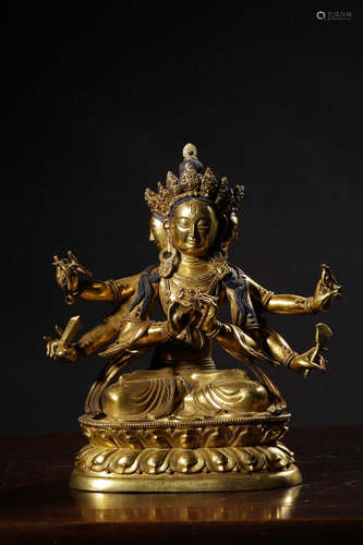 GILT BRONZE CAST 'SIX-ARM AVALOKITESHVARA' SEATED FIGURE