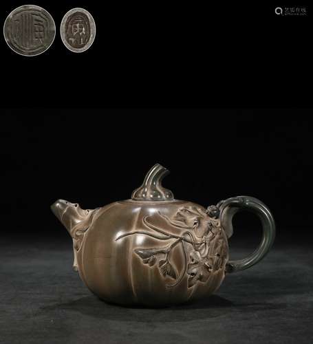 YIXING ZISHA GREEN CLAY CARVED 'PUMPKIN' TEAPOT