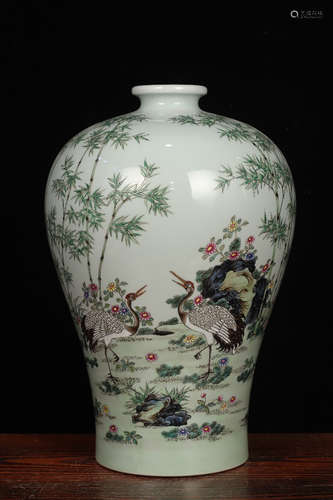 QING DYNASTY YONGZHENG PERIOD-FAMILLE ROSE BIRD FLOWER CRANE BAMBOO MEIPING VASE