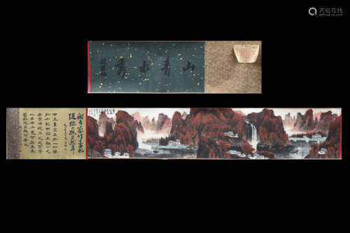 LI KERAN: INK AND COLOR ON PAPER HORIZONTAL SCROLL 'LANDSCAPE SCENERY'