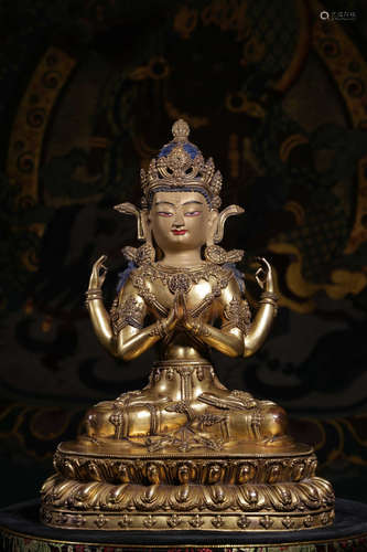 GILT BRONZE CAST 'FOUR-ARM AVALOKITESHVARA' SEATED FIGURE