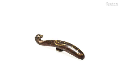 BRONZE CAST GOLD AND SILVER INLAID 'DRAGON' HOOK