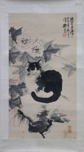 LIU DANZHAI: INK ON PAPER PAINTING 'CAT AND FLOWERS'