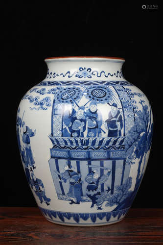 QING DYNASTY KANGXI PERIOD-BLUE WHITE STORY MOTIF JAR