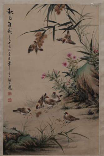 YAN BAILONG: INK AND COLOR ON SILK PAINTING 'FLOWERS AND BIRDS'
