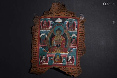 LAMB SKIN MINERAL PAINTED 'SHAKYAMUNI' THANGKA