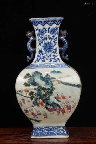 QING DYNASTY QIANLONG PERIOD--BLUE WHITE FOLIAGE FAMILLE ROSE A HUNDRED KIDS VASE WITH HANDLES