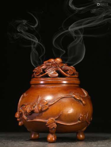 HUANGYANG WOOD CARVED 'GOURD' TRIPOD CENSER WITH LID
