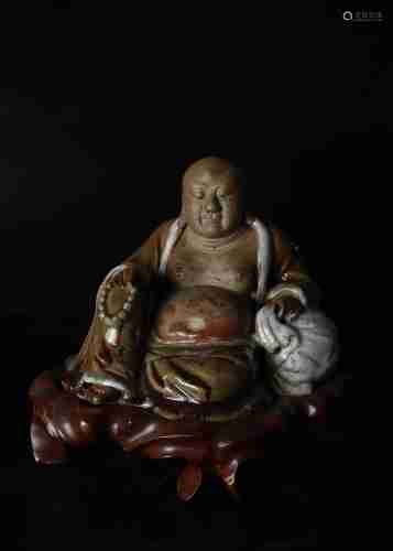 A CHINESE SHIWAN KILN STATUE OF BUDAI MONK WITH A PEDESTAL, QING DYNASTY