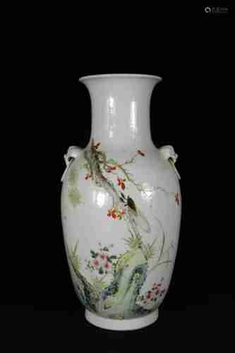 A CHINESE LIGHT-REDDISH-PURPLE VASE PAINTED WITH FLOWERS