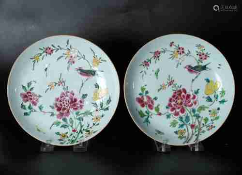 A PAIR OF CHINESE FAMILLE ROSE PORCELAIN PLATES PAINTED WITH FLOWERS AND BIRDS, YONGZHENG PERIOD