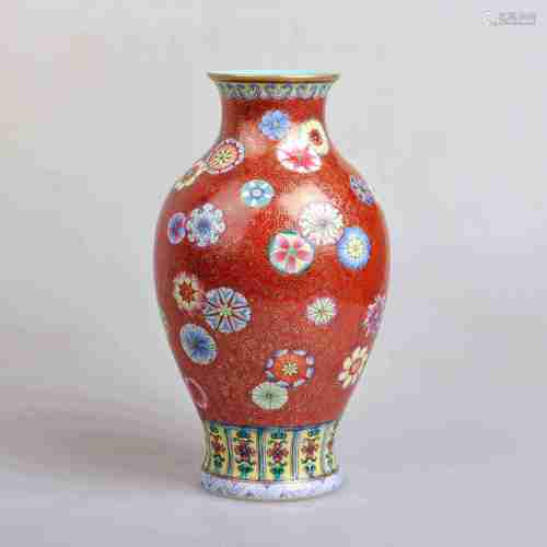 A CHINESE CORAL-RED-GROUND OLIVE-SHAPED VASE IN THE 19TH CENTURY